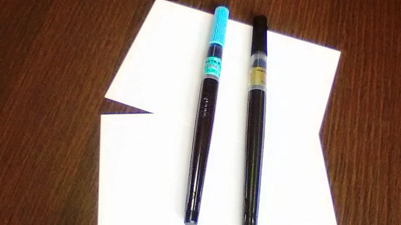 年賀状に使用するのは、ぺんてるの筆ペン【中字】と【極細】
